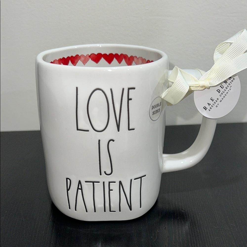 NWT Double Sided Rae Dunn Love Is Patient Mug with Red Heart Accent
